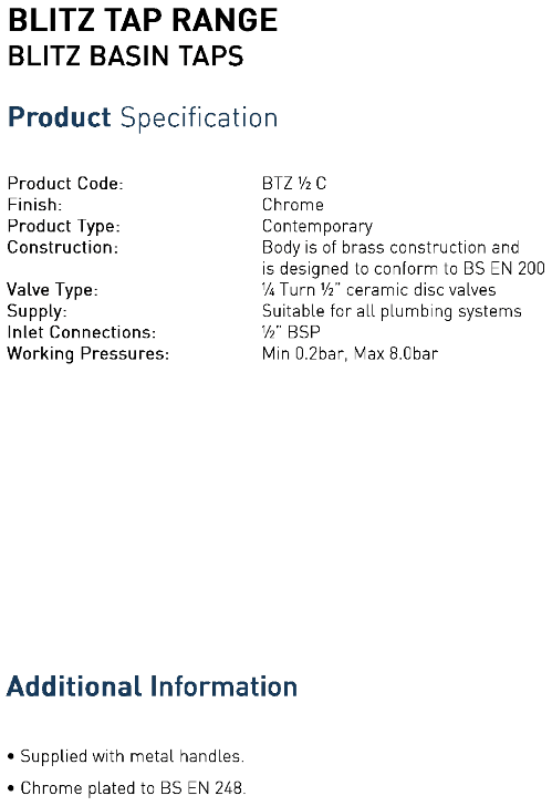 Bristan - BLITZ Basin Tap Specifications