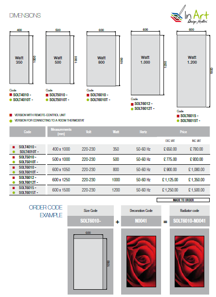 Novellini Sole Radiator Sizes Chart