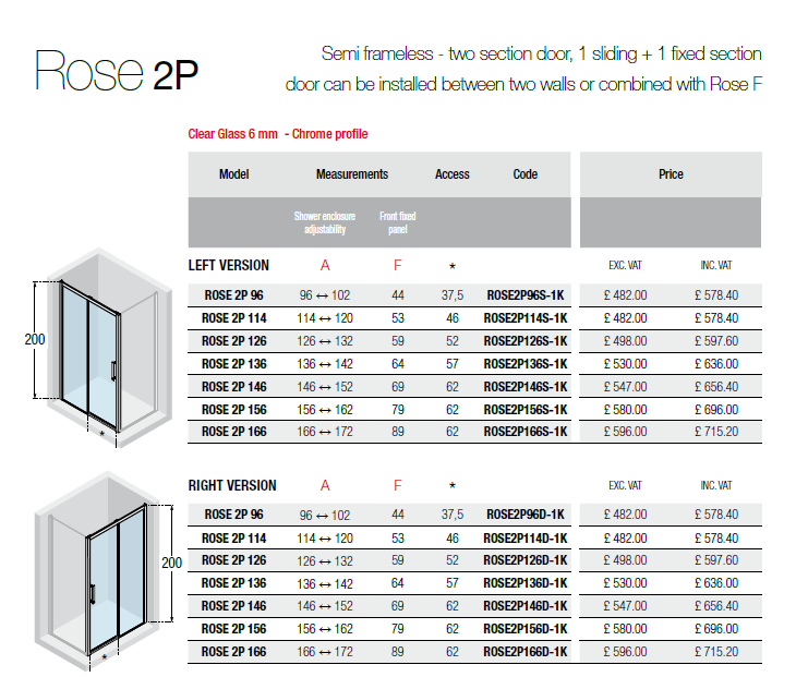 Novellini Rose 2P Size Chart