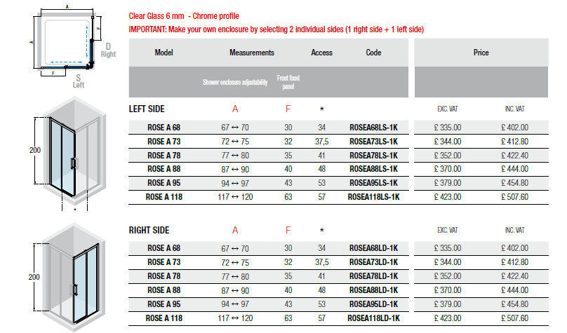 Novellini Rose A Size Chart