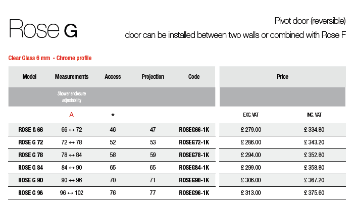 Novellini Rose G Sizes