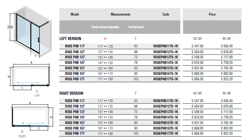 Novellini Rose PHB Size Chart