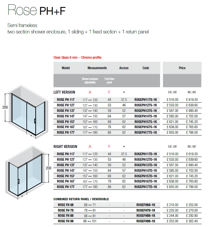 Novellini Rose PH+F Sizes