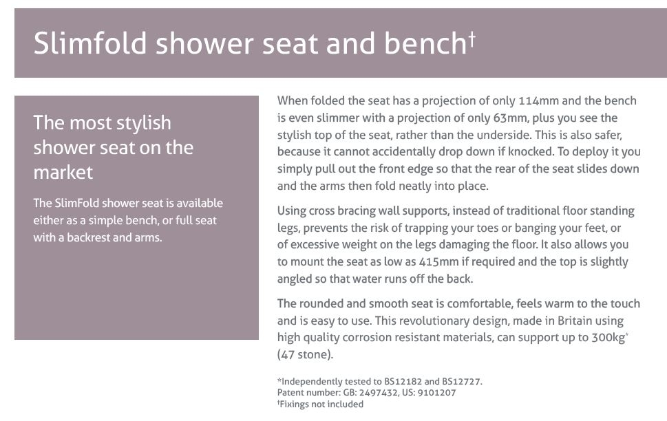 Impey slimfold shower seat and bench description