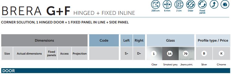 Novellini Brera G+F Size Chart 2