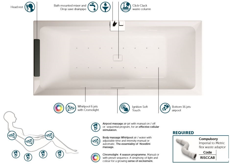 Novellini Divina Bath with Airpool Whirpool and Chromolight