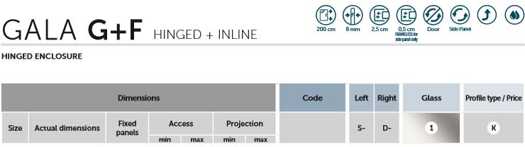 Novellini G+F Size Chart