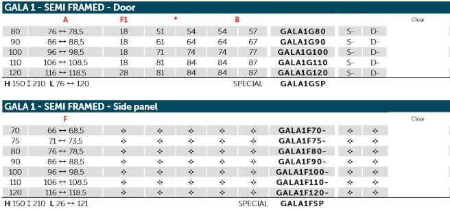 Novellini G+F Size Chart Semi Framed.