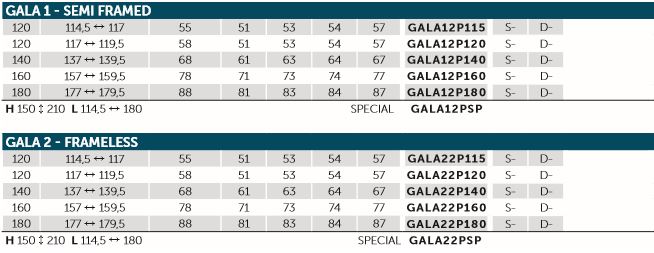 Novellini Gala 2 P Sizes2