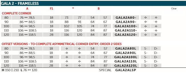 Novellini Gala A SIZE CHART 1 Frameless
