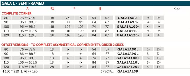 Novellini Gala A SIZE CHART 1 Semi Framed