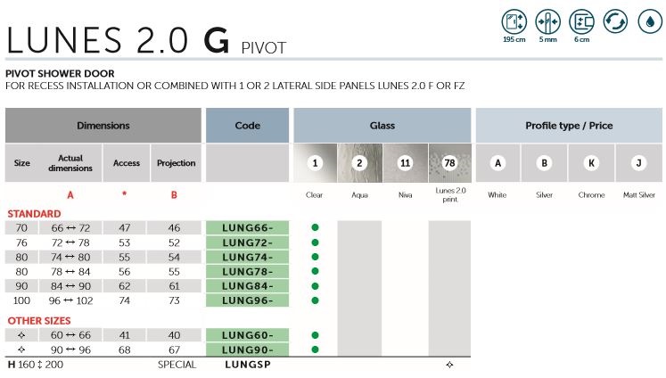 Novellini Lunes 2.0G Pivot Door Spec1