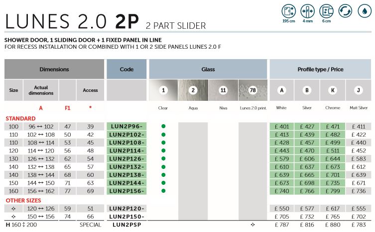 Novellini Lunes 2P LUNA2P 2 part Slider Spec